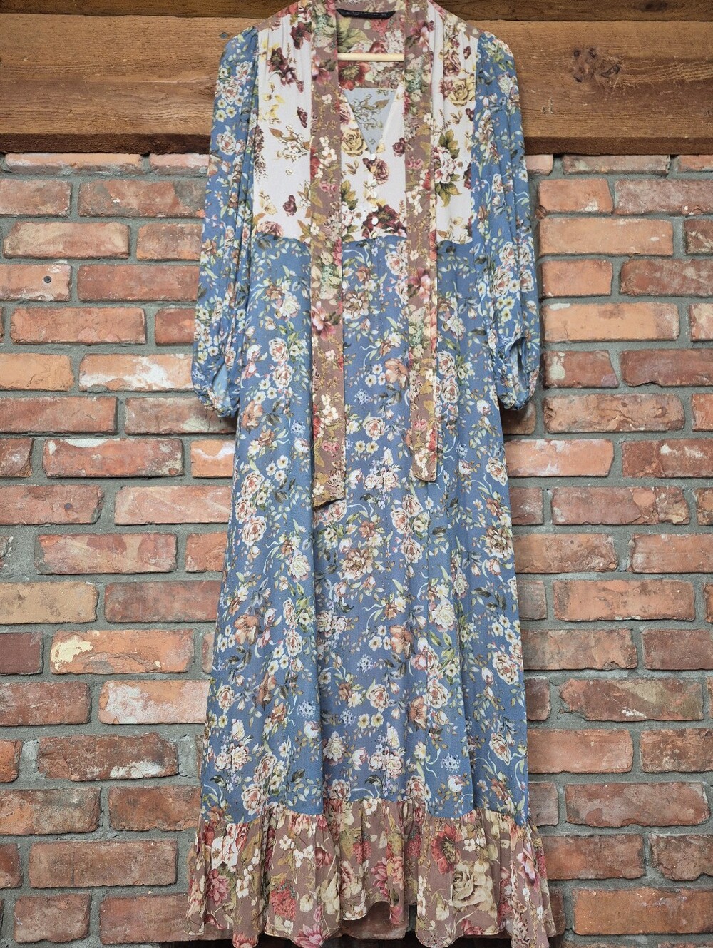 Zara Woman Floral Patchwork Maxi Dress Tie Neck Ruffle Hem Boho Cottagecore S